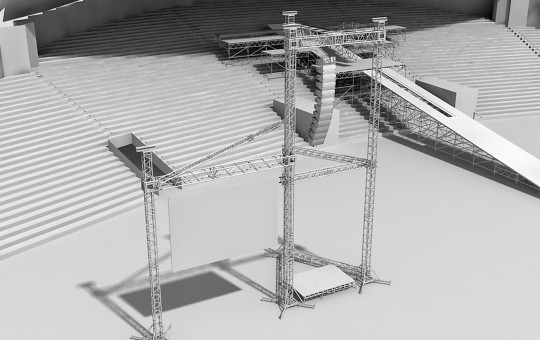 Frame with platform for LED screen and sound system