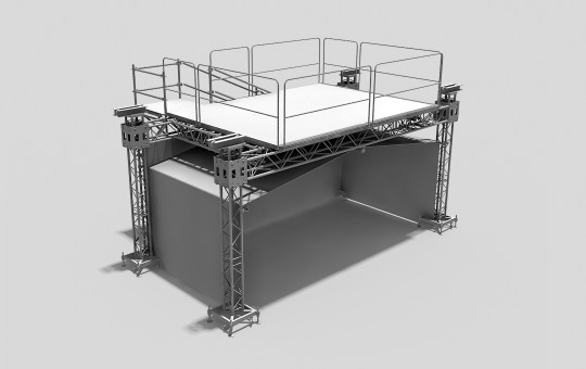 Closed tent with fenced spectator area on the roof