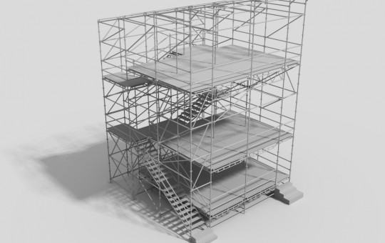 Three-level control room with staircase