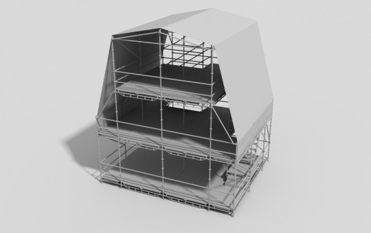 Three-level control room with staircase